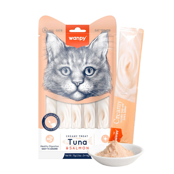 Wanpy Creamy Lickable Cat Treats Tuna & Salmon 5x14g